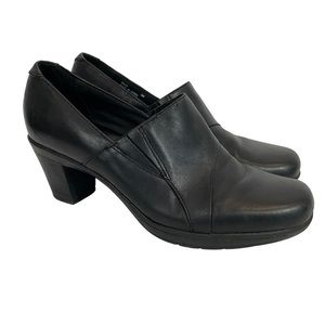 Clarks Black Leather Mid Block Heel Slip-On Boots